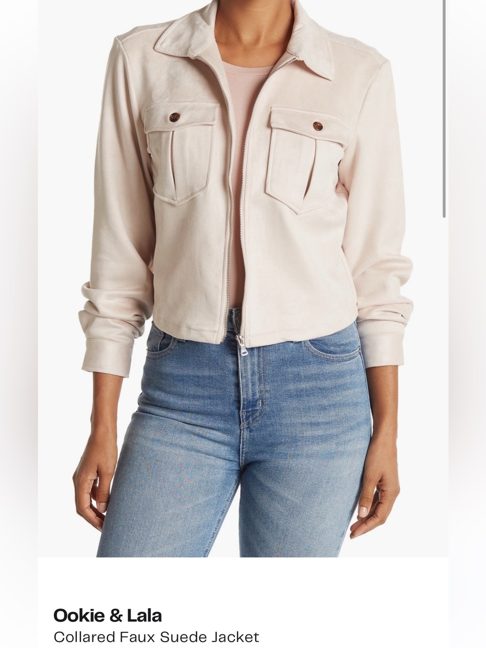 Ookie & Lala Women's Cream Collared Faux Suede Jacket